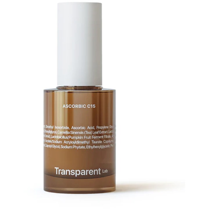 Transparent Lab Ascorbic C15 30 ml glødgivende serum i en brun glasflaske med hvidt låg og hvid tekst