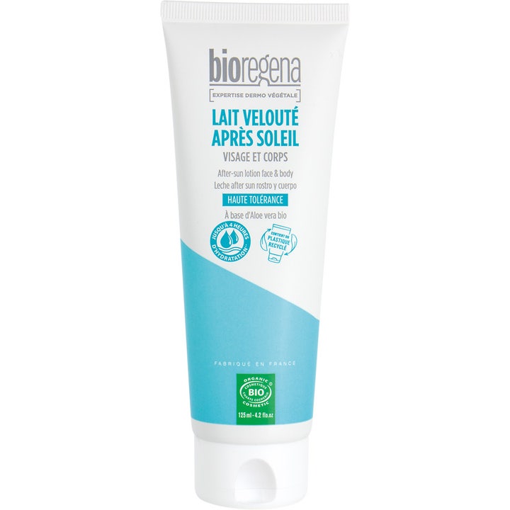 Bioregena Lait Velouté Après Soleil 125 ml beroligende aftersun i hvid tube med lyseblå detaljer og aloe vera