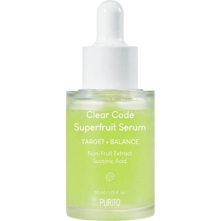 Purito Clear Code Superfruit Serum 30 ml balancerende ansigtsserum med limegrøn væske i glasflaske med hvid pipette