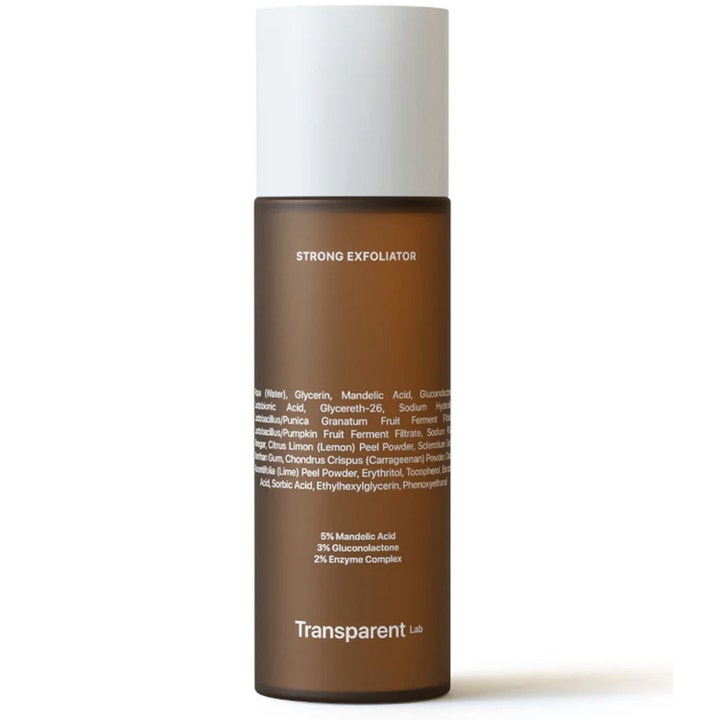 Transparent Lab Strong Exfoliator eksfolierende behandling med mandelsyre og enzymer i brun flaske med hvidt låg