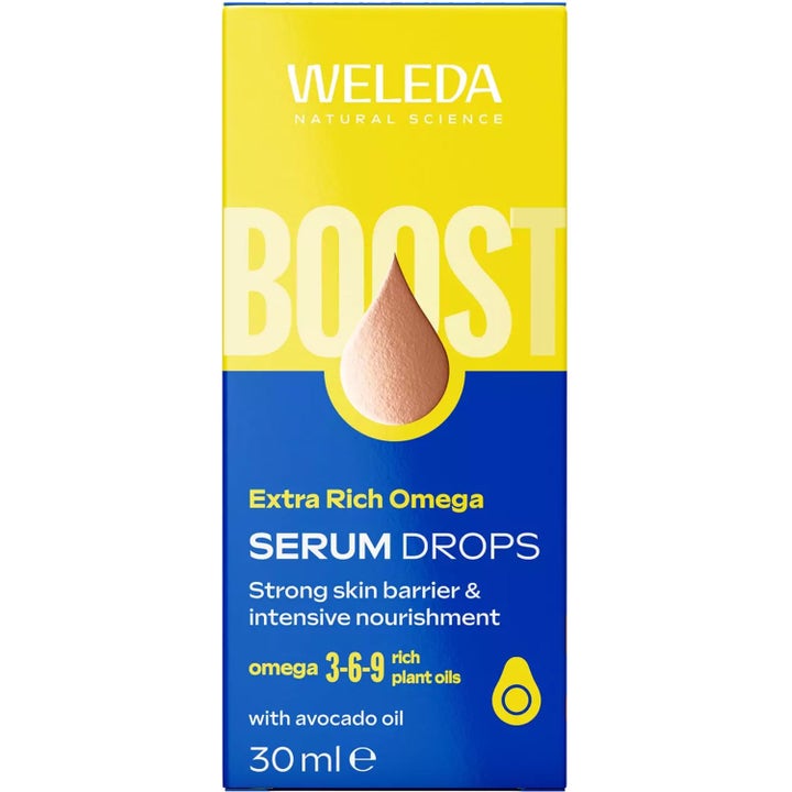 Weleda Extra Rich Omega Serum Drops 30 ml nærende ansigtsserum i gul og blå æske med omega 3-6-9 og avocado-olie