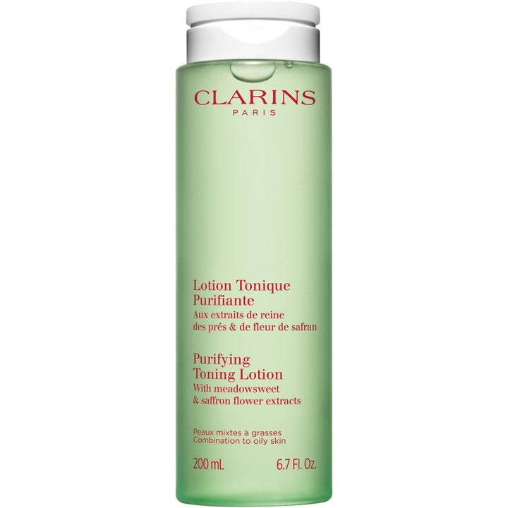 Clarins Purifying Toning Lotion 200 ml rensende skintonic med mjødurt i en grøn gennemsigtig flaske med hvidt låg