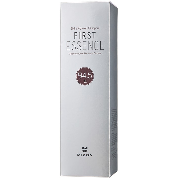 Mizon Skin Power Original First Essence 210 ml glødgivende essence i sølvfarvet emballage med 94,5% Galactomyces.