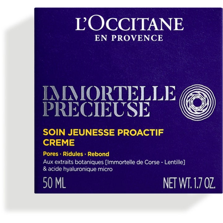L'Occitane Immortelle Precious Cream 50 ml ansigtscreme i mørkeblå papæske med hvid og gul tekst