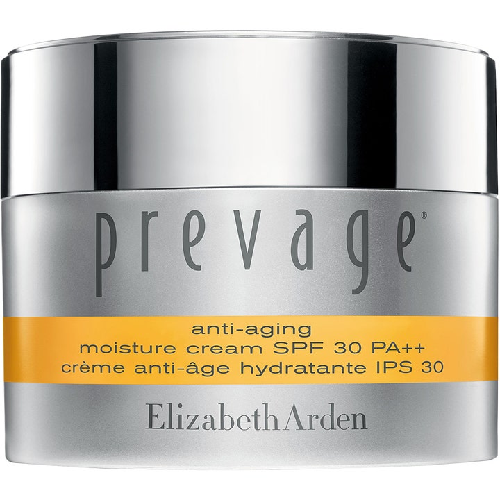 Elizabeth Arden Prevage Anti-aging Moisture Cream SPF 30 fugtgivende dagcreme i sølvfarvet krukke med skinnende låg