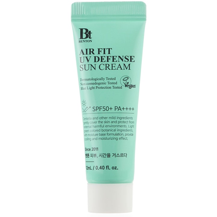 Benton Air Fit UV Defense Sun Cream 12ml beroligende solcreme i lysegrøn tube med SPF50