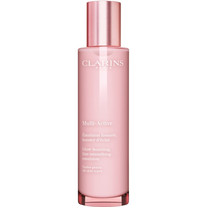Clarins Multi-Active Glow Boosting Emulsion 100ml skaber glød i en slank lyserød flaske med metallisk låg