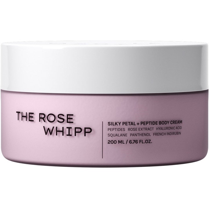 The Rose Whipp Silky Petal + Peptide Body Cream 200 ml fugtgivende kropscreme i lyserød krukke med hvidt låg