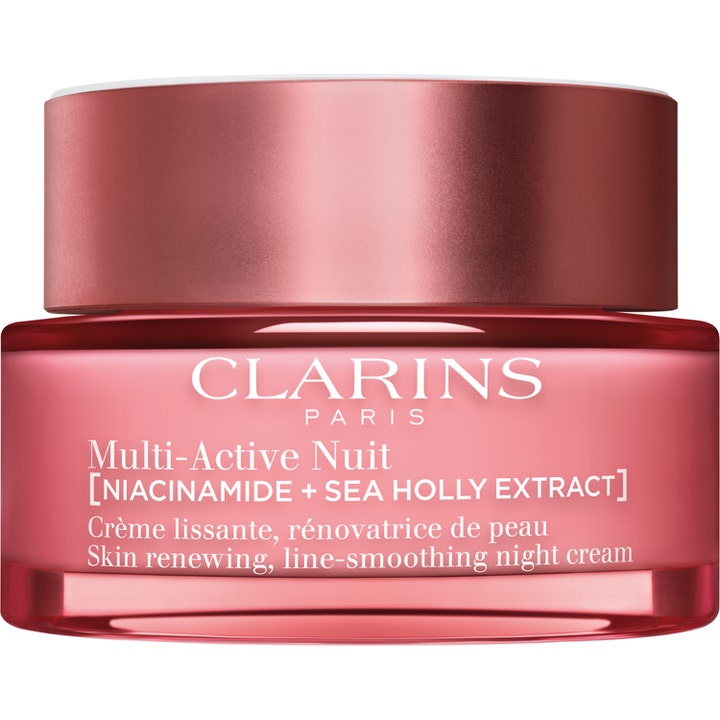 Clarins Multi-Active Nuit 50 ml hudfornyende natcreme med niacinamid i en lyserød glaskrukke med rosa metallåg.