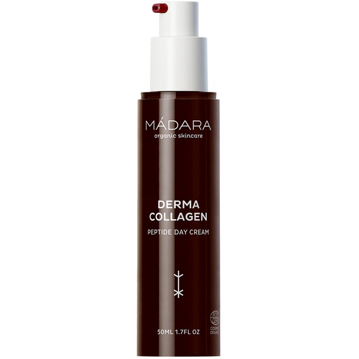Mádara Derma Collagen Peptide Day Cream 50 ml opstrammende dagcreme i en mørkebrun flaske med hvid pumpe.