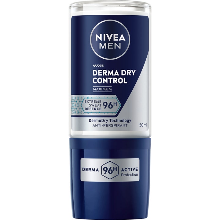 Nivea Men Derma Dry Control 50 ml anti-perspirant giver 96 timers beskyttelse i en blå og sølvfarvet roll-on flaske.