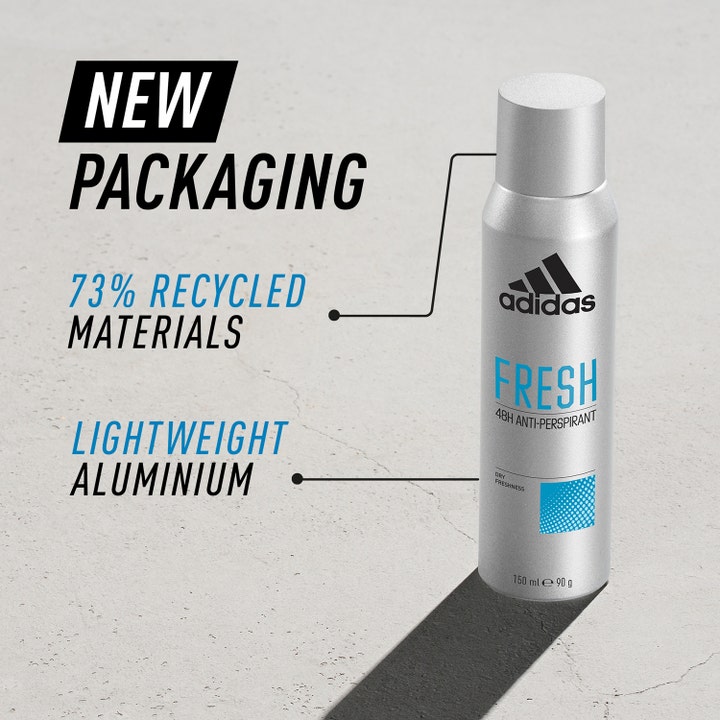 Adidas Cool & Dry For Him Fresh Deodorant Spray 150 ml herre-deodorant i ny sølvfarvet flaske af genanvendt aluminium