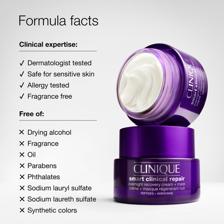 Clinique Smart Clinical Repair 50 ml reparerende natcreme i lilla krukke med hvid creme og parfumefri formelfakta.