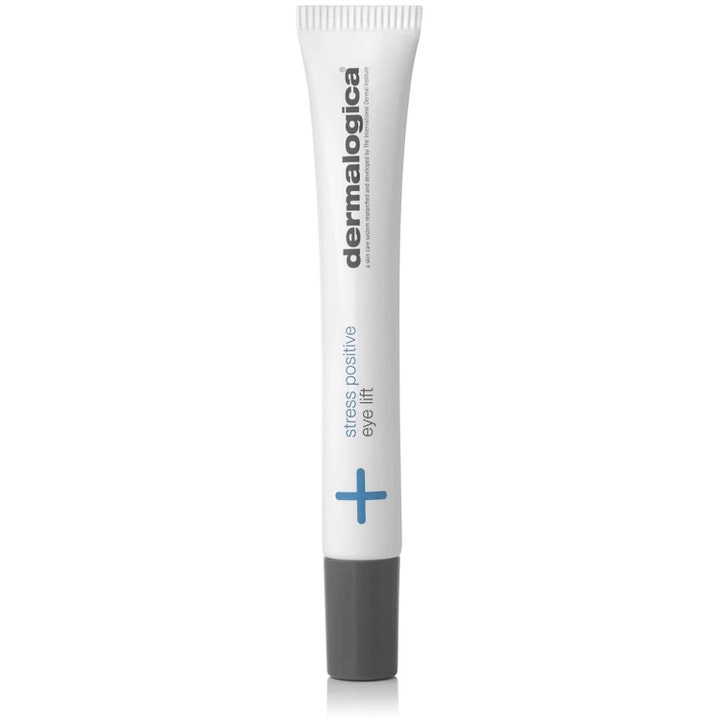 Dermalogica Stress Positive Eye Lift 25ml kølende øjenmaske i hvid tube med gråt låg og et blåt plustegn