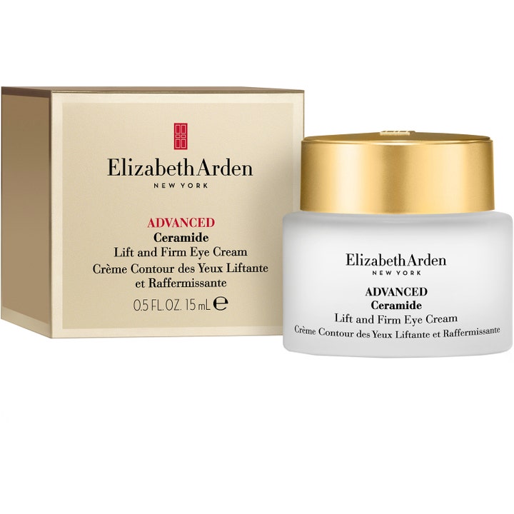 Elizabeth Arden Ceramide Lift & Firm Advanced Eye Cream 15 ml opstrammende øjencreme i frostet krukke med guldlåg og æske