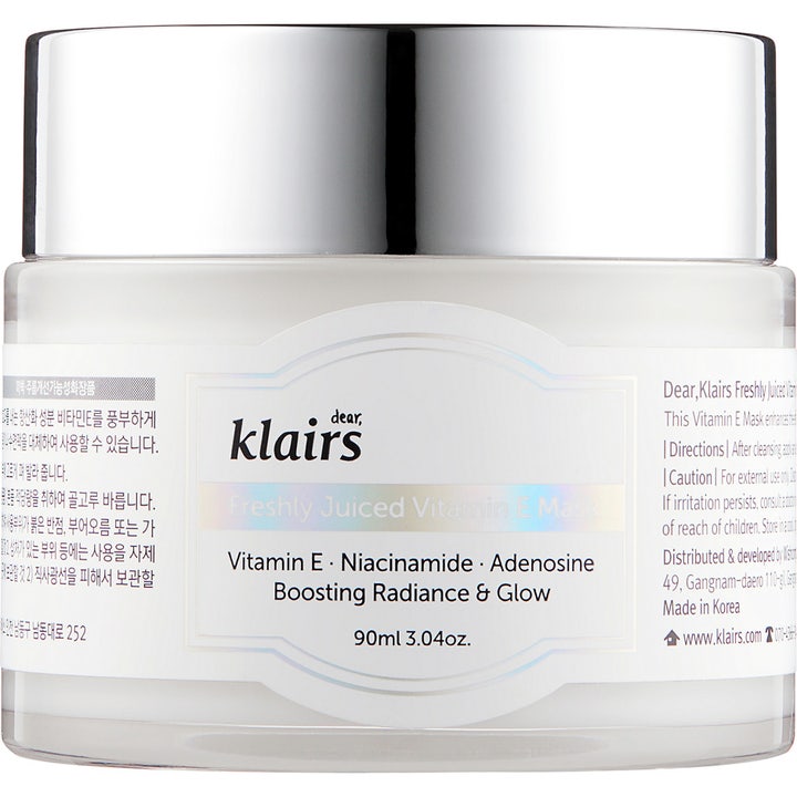 Klairs Freshly Juiced Vitamin E Mask 90ml glødgivende ansigtsmaske i en hvid krukke med skinnende sølvlåg