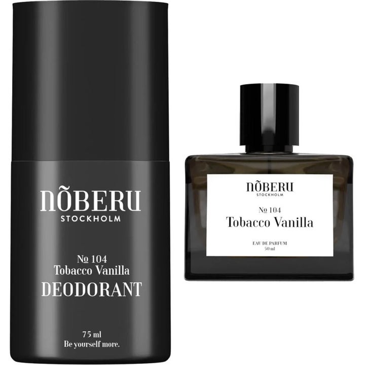 Nõberu Tobacco Vanilla No 104 50 ml og 75 ml duftsæt med sort deodorant og parfume i firkantet glasflakon