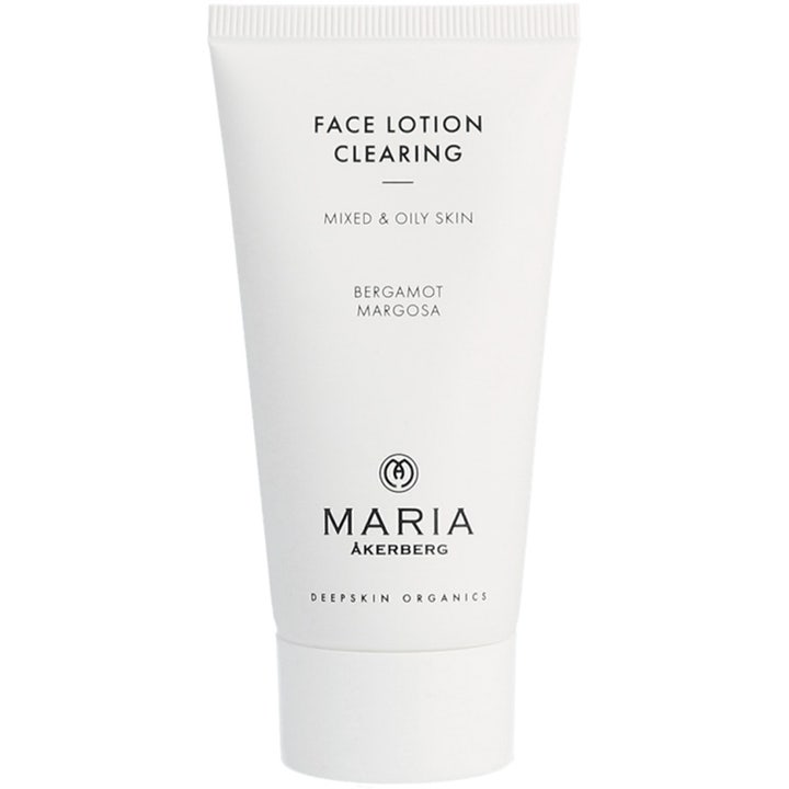 Maria Åkerberg Face Lotion Clearing ansigtscreme der balancerer fedtet hud i en hvid plastictube.
