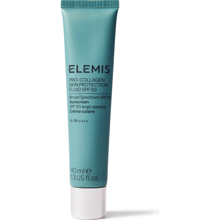 Elemis Pro-Collagen Skin Protection Fluid SPF 50 40 ml beskyttende solcreme i en blågrøn tube med hvidt låg
