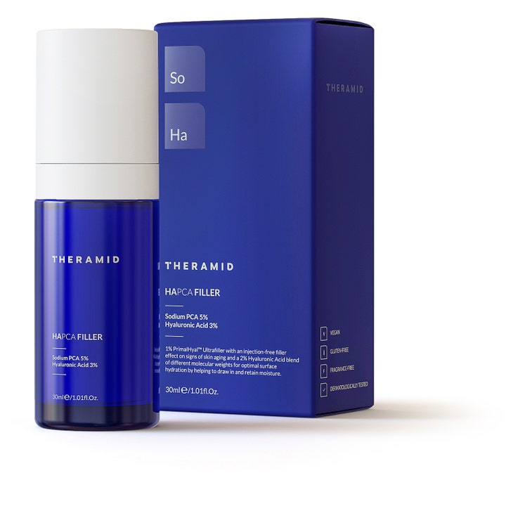 Niche Beauty Lab Theramid Hapca Filler 30 ml serum med Sodium PCA 5% i blå gennemsigtig flaske og blå æske