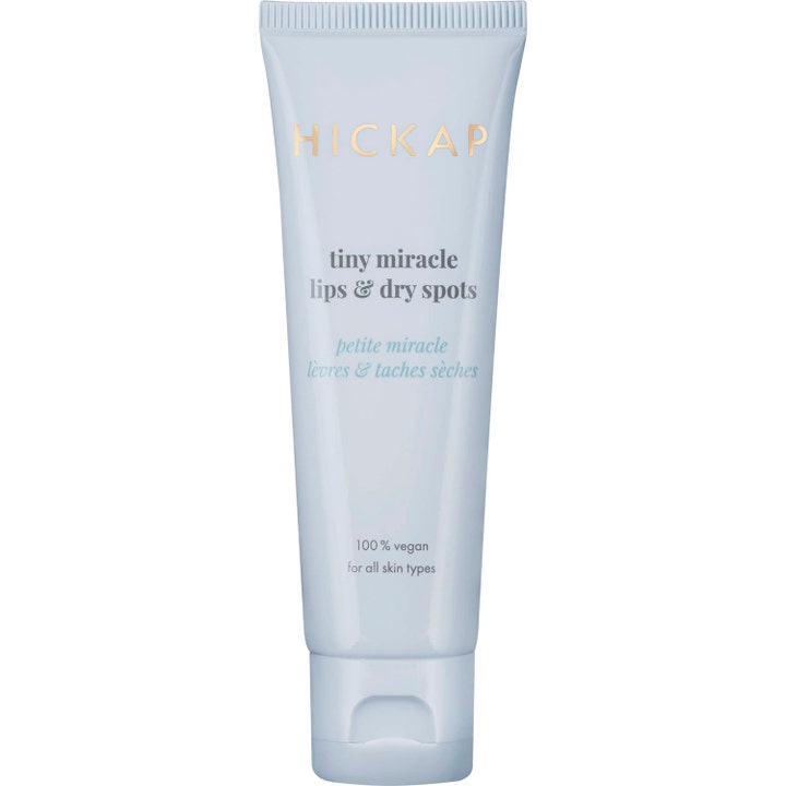 Hickap Tiny Miracle Lips & Dry Spots fugtgivende balsam i lyseblå tube der blødgør tørre læber og hud.