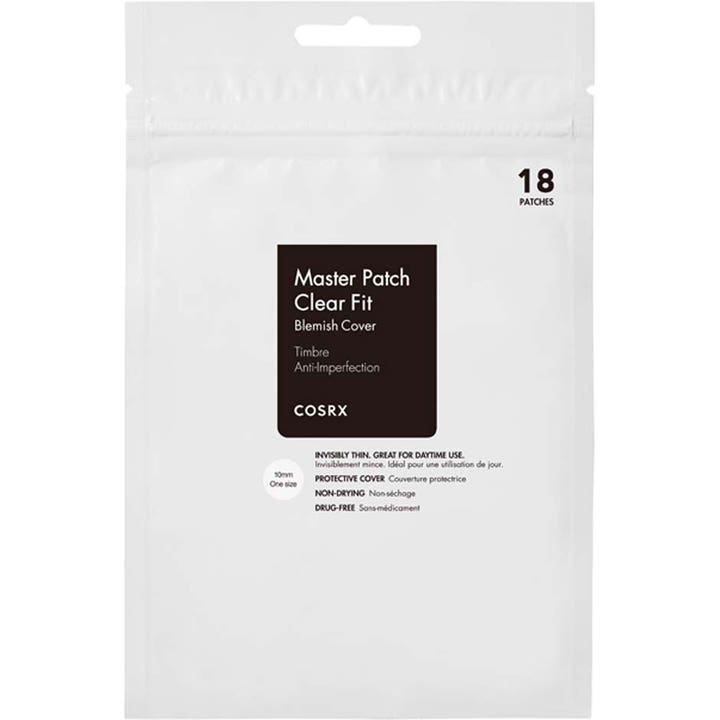 COSRX Master Patch Clear Fit 18 stk dækkende bumseplastre i hvid plastpose med en firkantet sort label på forsiden