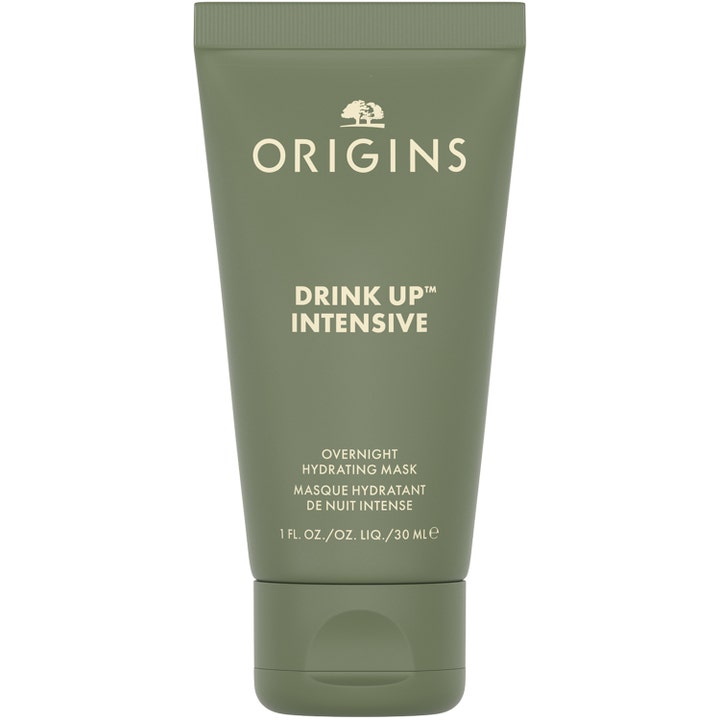 Origins Drink Up Intensive 30 ml fugtgivende natmaske i en mat olivengrøn tube med hvid tekst