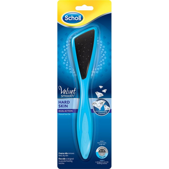Scholl Velvet Smooth Hard Skin Dual Action 1 stk manuel fodfil mod hård hud med lyseblåt greb og sort slibeflade