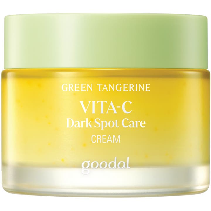 Goodal Green Tangerine Vita-C Dark Spot Care Cream 50ml mod mørke pletter i en gul glaskrukke med lysegrønt låg