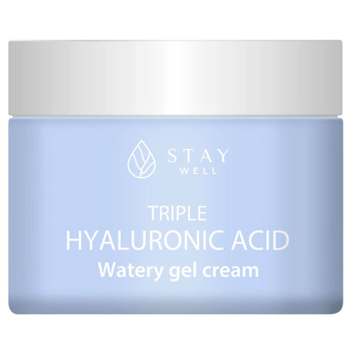Stay Well Triple Hyaluronic Acid Watery Gel Cream fugtgivende ansigtscreme i lyseblå krukke med hvidt låg
