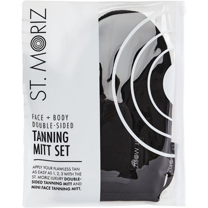 St Moriz Tanning Mitt Set 2 stk selvbrunerhandske i gennemsigtig plastpose med hvidt design