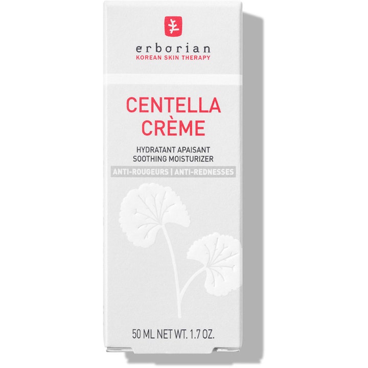 Erborian Centella Creme 50 ml beroligende ansigtscreme mod rødme i hvid papæske med rød tekst og bladmønster