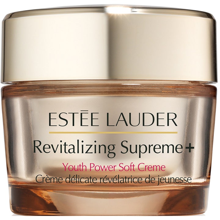 Estée Lauder Revitalizing Supreme+ Youth Power Soft Creme opstrammende ansigtscreme i elegant guldfarvet glaskrukke.
