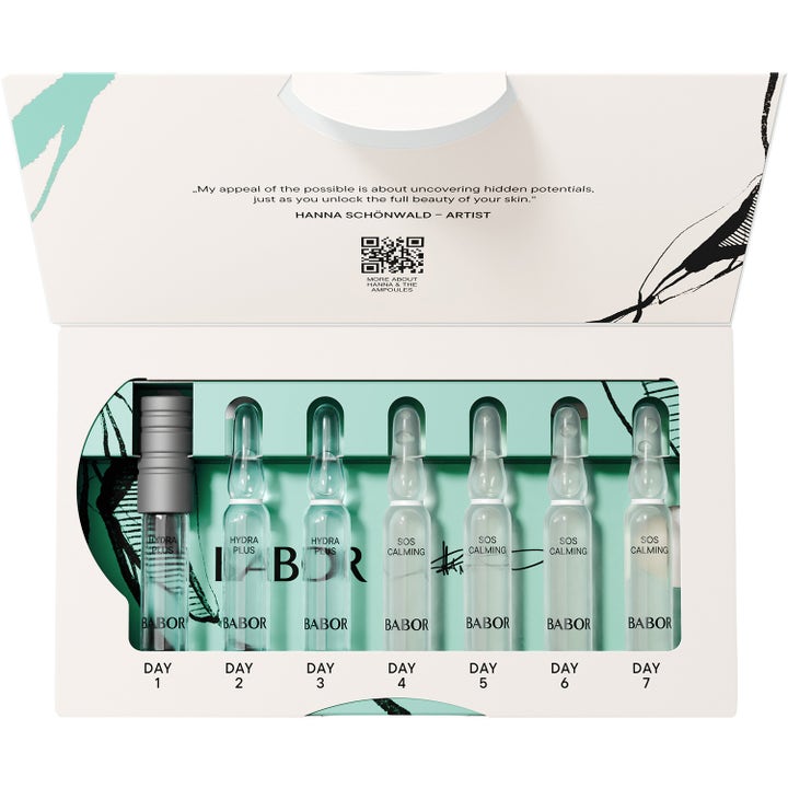 Babor Hydra Sensitive 14 ml beroligende serum i syv glasampuller præsenteret i en hvid æske med illustrationer.