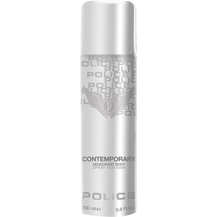 Police Contemporary Deodorant Body Spray 200 ml herredeodorant i en metallisk sølvfarvet spraydåse med vinge-logo.