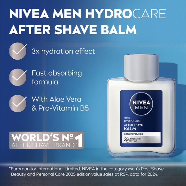 NIVEA Men Hydrocare After Shave Balm 100 ml fugtgivende aftershave med aloe vera i klar flaske med sølvlåg