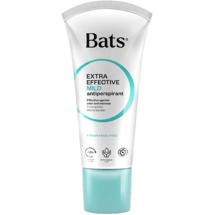 Bats Extra Effective Mild Antiperspirant parfumefri deocreme i hvid tube med turkis låg der modvirker lugt og fugt.