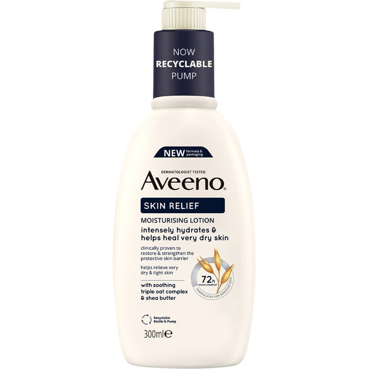 Aveeno Skin Relief Moisturising Lotion 300ml fugtgivende lotion til tør hud i beige pumpeflaske med havredetaljer