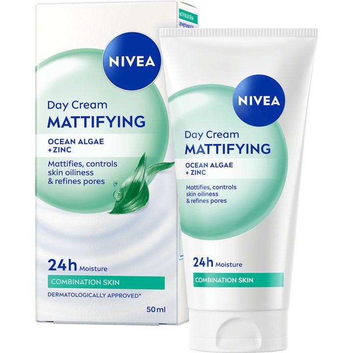 Nivea Mattifying Day Cream 50 ml matterende dagcreme mod fedtet hud i hvid tube og æske med grønt alge-motiv