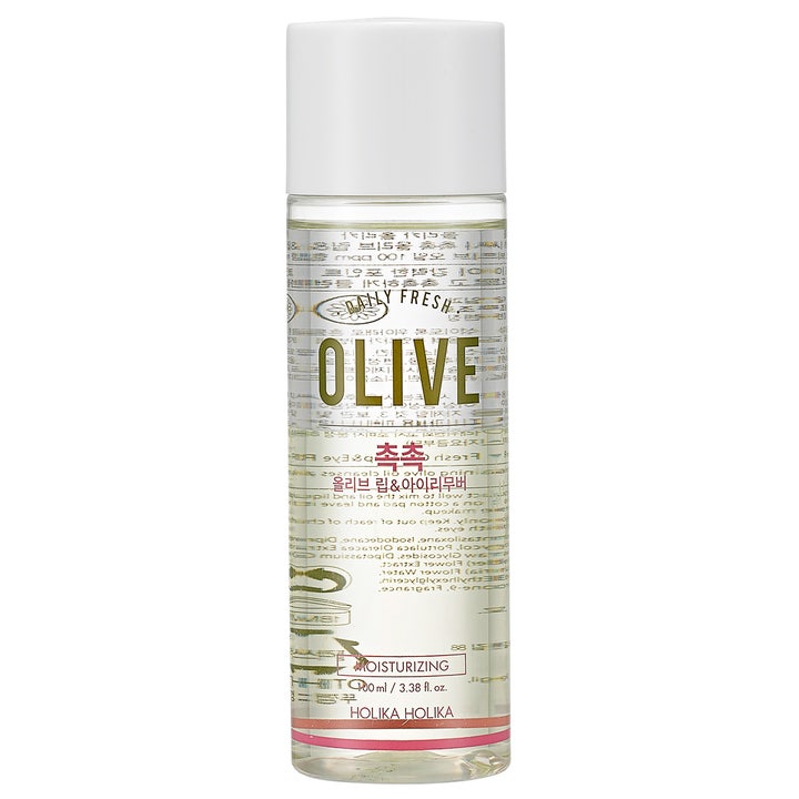 Holika Holika Daily Fresh Olive Lip & Eye Remover 100 ml fugtgivende makeupfjerner i gennemsigtig flaske med hvidt låg