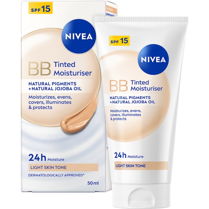 Nivea BB Tinted Moisturiser 50 ml udjævnende dagcreme med SPF 15 i hvid tube og æske med jojobaolie