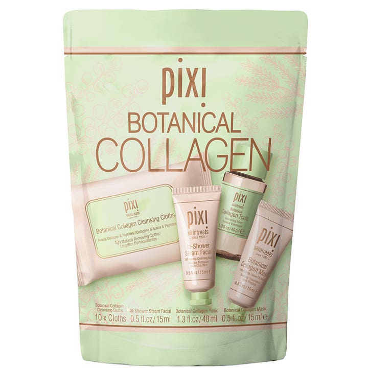 Pixi Botanical Collagen Set 4 dele opstrammende hudpleje i lysegrøn pose med små tuber og tonic i pastel
