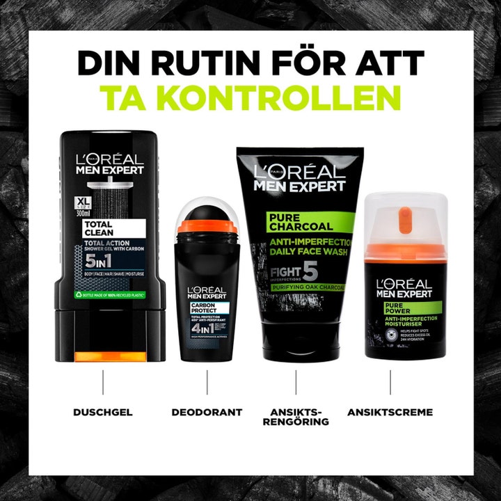 L'Oréal Paris Pure Charcoal Wash 100 ml ansigtsrens i sort tube med hudplejerutine til mænd mod urenheder