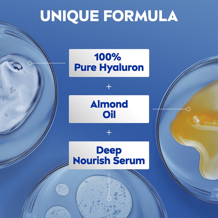 NIVEA Rich Nourishing Body Lotion 250 ml fugtgivende bodylotion med hyaluron mandelolie og serum i glasskåle