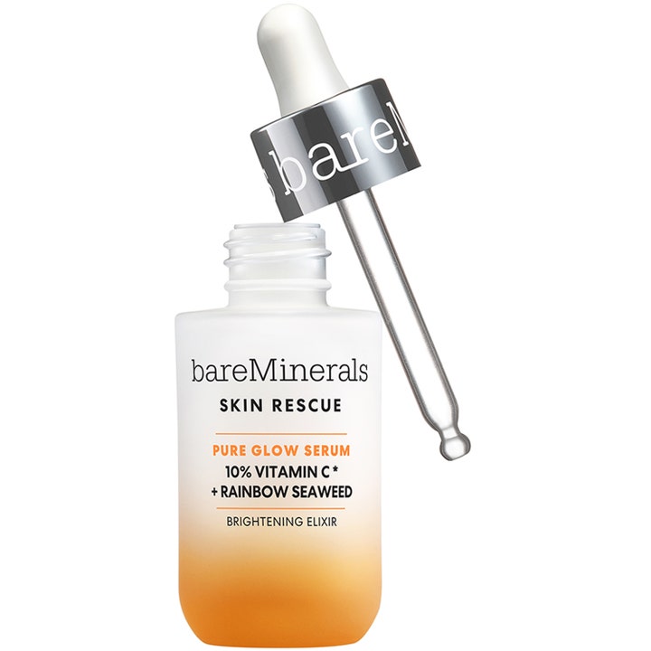 bareMinerals Skin Rescue Pure Glow Serum oplysende vitamin C serum i frostet glasflaske med orange bund og sølvpipette