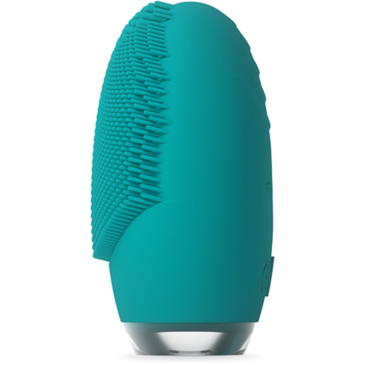FOREO LUNA 4 go Evergreen 1 stk. til ansigtsrensning i grøn silikone vist fra siden med bløde rengøringspunkter
