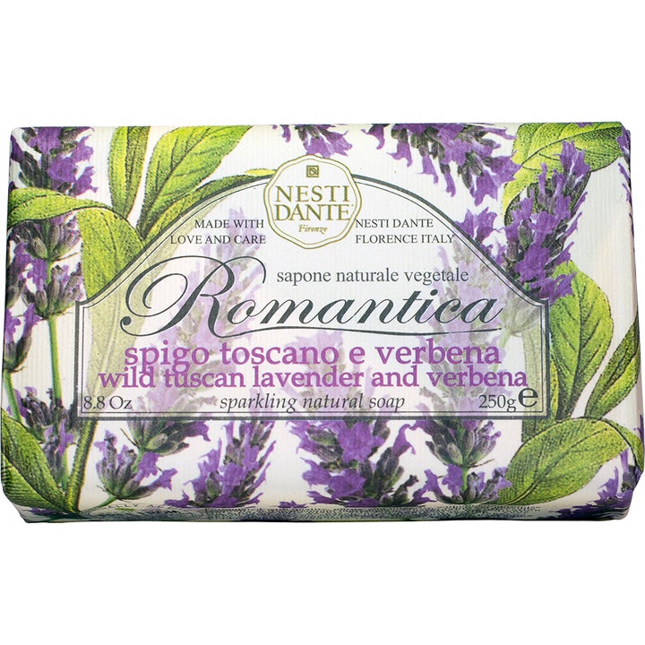 Nesti Dante Romantica Wild Tuscan Lavender and Verbena 250g fast sæbe i papir med lilla lavendel og grønne blade