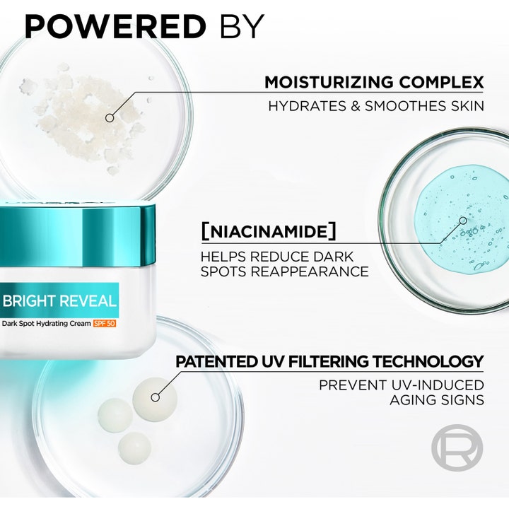 L'Oréal Paris Bright Reveal 50 ml dagcreme med SPF 50 niacinamide og fugtgivende kompleks i glasruk