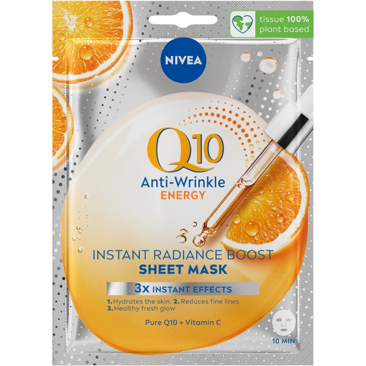 Nivea Q10 Anti-Wrinkle Energy sheet mask giver glød med C-vitamin i sølvfarvet pakke med appelsiner