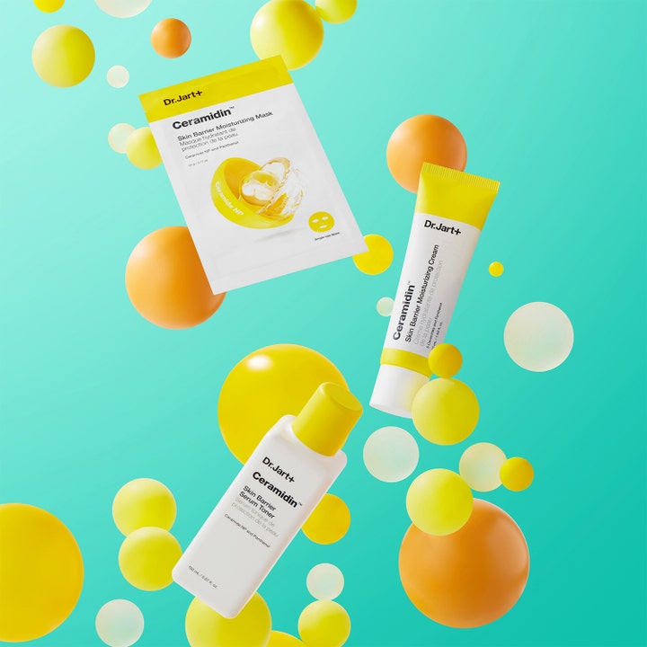 Dr.Jart+ Ceramidin Skin Barrier Moisturizing Cream 15 ml ansigtskræm i tube omgivet af toner og maske
